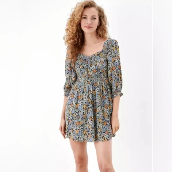 American Eagle Outfitters Mini Dress Women’s Floral Puff Sleeve Off Shoulder Sma - Picture 2 of 15